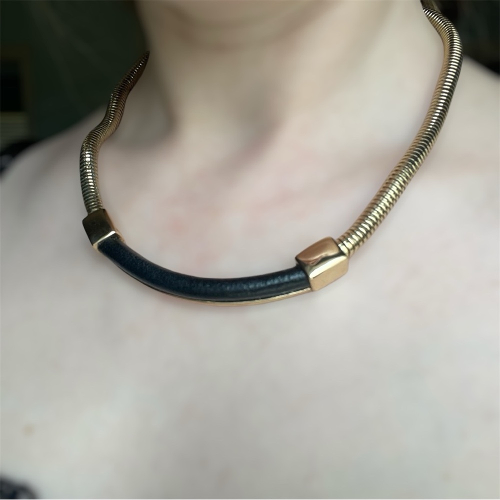 Banana Republic contemporary gold tone necklace with a leather accent length 16”